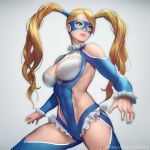  1girl artist_name bare_shoulders blonde_hair blue_eyes breasts domino_mask frills grey_background large_breasts light_smile long_hair mask nail_polish nudtawut_thongmai parted_lips rainbow_mika signature simple_background solo street_fighter street_fighter_v thighs twintails 