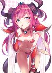  armor ass_visible_through_thighs bangs bikini bikini_armor blue_eyes blush breasts cape collar downblouse dragon_tail elizabeth_bathory_(brave)_(fate) elizabeth_bathory_(fate)_(all) fate/extra fate/extra_ccc fate/grand_order fate_(series) finger_to_mouth gauntlets half-closed_eyes horns kneeling lips long_hair looking_at_viewer navel ohland parted_lips pauldrons pink_hair pointy_ears red_armor red_bikini silver_trim simple_background small_breasts solo swimsuit tail tiara white_background 