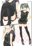  absurdres alternate_costume backpack bag black_legwear breasts brown_eyes casual cellphone collarbone contrapposto convenient_leg crepe eating food from_side gintarou_(kurousagi108) green_hair green_panties hair_ribbon hands_in_pockets head_out_of_frame highres kantai_collection medium_breasts multiple_views no_shoes open_mouth panties pantyshot pantyshot_(sitting) phone pigeon-toed ribbon scan shoes short_shorts shorts sitting smartphone sneakers thighhighs twintails underwear upshorts zuikaku_(kantai_collection) 