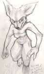  2015 4_fingers anthro barefoot bottomless canine clothed clothing ear_tuft ears_up english_text female freckles glare mammal monochrome navel signature solo text traditional_media_(artwork) tube_top tuft zenirix 