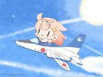  :3 aircraft airplane alternate_costume blue_sky bow chibi cloud cloudy_sky commentary_request day fighter_jet flying hair_bow hair_flaps hair_ornament hair_ribbon hairclip jet kantai_collection long_hair military military_vehicle momoniku_(taretare-13) orange_hair pilot_suit remodel_(kantai_collection) ribbon riding sky solo sun t-4 twitter_username watermark web_address yuudachi_(kantai_collection) 