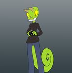  anthro camera chameleon clothed clothing lizard male parasin reptile scalie sharp_teeth simple_background smile solo standing teeth 