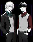  arms_at_sides bad_id bad_pixiv_id bangs black_background black_neckwear blazer blue_eyes blunt_bangs bowl_cut buttons changye closed_mouth collared_shirt cowboy_shot dress_shirt frown hair_between_eyes hanazawa_teruki hand_in_pocket jacket kageyama_shigeo long_sleeves looking_at_viewer looking_down male_focus mob_psycho_100 multiple_boys necktie older open_blazer open_clothes open_jacket outside_border pants red_shirt shirt sleeves_rolled_up smirk striped striped_neckwear sweater sweater_vest unbuttoned wristband 