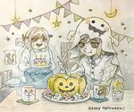  bed_sheet blush_stickers bookshelf brown_hair cake candle cup danganronpa danganronpa_3 eating food ghost_costume halloween happy_halloween highres male_focus mitarai_ryouta moon mug multiple_boys pumpkin screw star togami_byakuya_(super_danganronpa_2) traditional_media watercolor_(medium) xiki 