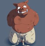  2019 anthro belly brown_fur bulge clothing crying fur male mame_taro mammal moobs nipples overweight overweight_male pants simple_background suid suina sus_(pig) sweat tears wild_boar 