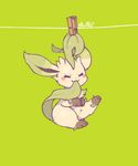  biting blush closed_eyes clothes_pin clothesline facing_viewer full_body gen_4_pokemon green green_background hanging leafeon lovewolf5122 mouth_hold no_humans pokemon pokemon_(creature) simple_background solo tail tail_biting 