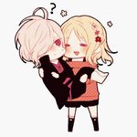  1boy 1girl albino blonde_hair blush boots carrying chibi crossed_arms diabolik_lovers eyes_closed flower full_body hair_ornament hairpin komori_yui open_mouth princess_carry red_eyes sakamaki_subaru school_uniform shorts sweatdrop uehara_(kexmocha) uniform wavy_hair white_hair 