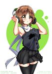  2016 armpits black_legwear brown_eyes brown_hair carillus casual character_name dated girls_und_panzer happy_birthday headphones headphones_removed highres looking_at_viewer nishizumi_miho pleated_skirt scarf short_hair skirt solo tank_print thighhighs translation_request zettai_ryouiki 