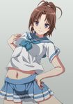  arched_back blue_neckwear blue_skirt brown_hair cowboy_shot groin hibike!_euphonium long_hair looking_at_viewer nakagawa_natsuki navel neckerchief ponytail pose purple_eyes rikku04 school_uniform serafuku skirt smile solo 