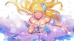  bare_shoulders blonde_hair blue_eyes breasts bug butterfly butterfly_hair_ornament character_request cleavage clover collarbone dress glowing hair_ornament highres insect kimpeul long_hair mabinogi medium_breasts pointy_ears smile solo white_dress 