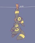  blush clothes_pin clothesline dark_background from_side full_body gen_2_pokemon hanging looking_at_viewer lovewolf5122 no_humans pokemon pokemon_(creature) simple_background solo umbreon 