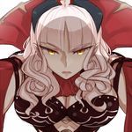  breasts carmilla_(fate/grand_order) cleavage fate/grand_order fate_(series) grey_hair hollomaru horns large_breasts long_hair looking_at_viewer lowres solo supportasse white_background yellow_eyes 