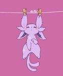  clothes_pin clothesline espeon eyelashes forked_tail full_body gen_2_pokemon hanging looking_at_viewer lovewolf5122 no_humans pokemon pokemon_(creature) purple purple_background simple_background solo tail 