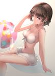  arm_support ball beachball bikini bikini_skirt braid breasts brown_hair cleavage crown_braid drink drinking_straw front-tie_top hand_in_hair innertube looking_at_viewer medium_breasts navel niijima_makoto omoti_(1201208) parted_lips persona persona_5 red_eyes shiny shiny_skin short_hair sitting smile solo swimsuit white_bikini 