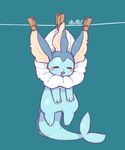  blue blue_background blush closed_eyes clothes_pin clothesline drooling full_body gen_1_pokemon hanging looking_at_viewer lovewolf5122 no_humans pokemon pokemon_(creature) signature simple_background sleeping solo vaporeon 