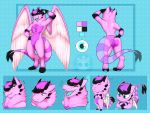  big_wings black_fur blue_background blue_eyes blue_tongue bust_portrait butt_heart crossed_arms dipindu fangs feathered_wings feathers full_body fur hand_on_hip happy hip_tilt horn long_tail looking_aside looking_at_viewer model_sheet multicolored_fur multiple_angles pink_fur portrait purple_fur sad simple_background sitting standing swept_bangs thick_tail vyrenn watermark wings 