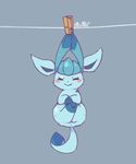  blue_background blush closed_mouth clothes_pin clothesline full_body gen_4_pokemon glaceon hanging legs_up looking_at_viewer lovewolf5122 no_humans pokemon pokemon_(creature) simple_background smile solo 