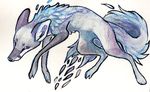  2015 canine ears_back feral fluffy fluffy_tail fox fur grey_fur jumping mammal purple_sclera simple_background solo traditional_media_(artwork) watercolor_(artwork) white_background zenirix 
