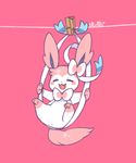  blush clothes_pin clothesline fang full_body gen_6_pokemon hanging happy looking_at_viewer lovewolf5122 no_humans pink pink_background pokemon pokemon_(creature) simple_background solo swinging sylveon 