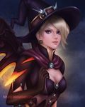  alternate_costume blonde_hair blue_background blue_eyes breasts brown_gloves capelet cleavage earrings ears elbow_gloves gloves glowing glowing_wings halloween halloween_costume hat highres jack-o'-lantern jack-o'-lantern_earrings jewelry light_smile lips looking_at_viewer md5_mismatch mercy_(overwatch) nindei nose orange_wings overwatch realistic resized short_sleeves small_breasts solo upper_body upscaled watermark web_address wings witch witch_hat witch_mercy 