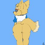 animated anthro bent_over blue_eyes bottomless butt byondrage canine clothed clothing cub eyewear fifa fur goggles male mammal presenting solo standing tan_fur wolf young zabivaka 