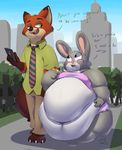  093_(artist) 2016 belly big_belly blush clothed clothing disney duo eating english_text female food hyper hyper_belly judy_hopps male nick_wilde obese open_mouth overweight text zootopia 