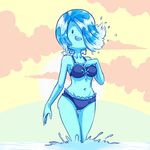  2015 adventure_time bikini blue_hair blush cartoon_network clothed clothing cloud elemental female hair looking_at_viewer navel nymph one_eye_closed open_mouth outside plagueofgripes sea sky smile solo sun swimsuit topless water water_elemental water_nymph wink 