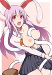  animal_ears black_skirt blush breasts breasts_outside bunny_ears bunny_girl bunny_tail collarbone commentary_request cowboy_shot jajao kune-kune lavender_hair long_hair looking_at_viewer medium_breasts nipples no_panties off_shoulder open_clothes open_mouth open_shirt pink_eyes reisen_udongein_inaba shirt skirt tail touhou very_long_hair white_shirt 