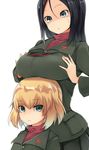  amai_nekuta bangs black_hair black_skirt blonde_hair blue_eyes breast_rest breasts breasts_on_head cellphone closed_mouth empty_eyes fang girls_und_panzer green_jacket highres jacket katyusha large_breasts long_hair long_sleeves looking_at_another looking_at_viewer multiple_girls nonna open_mouth phone pleated_skirt pravda_school_uniform red_shirt school_uniform serious shirt short_hair simple_background skirt smartphone standing sweatdrop swept_bangs tawawa_challenge turtleneck white_background 