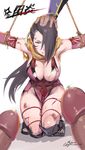  1girl 3boys absurdres bleeding blood bound breasts brown_eyes brown_hair captured cleavage commentary_request fire_emblem fire_emblem_if gorgeous_mushroom hair_over_one_eye highres imminent_rape injury kagerou_(fire_emblem_if) large_breasts long_hair multiple_boys ninja nipple penis ponytail scarf tears 