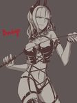  breasts carmilla_(fate/grand_order) english fate/grand_order fate_(series) green_eyes grey_background groin hollomaru large_breasts navel riding_crop sketch smile solo spot_color thigh_strap thighs 