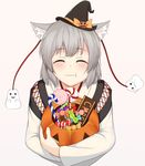  ^_^ absurdres animal_ears black_hat blush bow candy candy_cane candy_wrapper chewing chocolate_bar closed_eyes detached_sleeves eating facing_viewer food ghost grey_hair halloween hat hat_bow highres inubashiri_momiji jack-o'-lantern lollipop long_sleeves mini_hat mini_witch_hat orange_bow ozu_(agito100001) pink_background short_hair simple_background smile solo swirl_lollipop touhou upper_body wavy_mouth witch_hat wolf_ears 