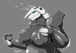  2019 aggron anthro anthrofied areola big_breasts breasts claws digital_media_(artwork) female freepancakes horn nintendo pok&eacute;mon pok&eacute;mon_(species) simple_background slightly_chubby solo video_games 