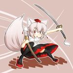  animal_ears bare_shoulders breasts detached_sleeves elu_butyo geta hat inubashiri_momiji katana looking_at_viewer medium_breasts open_mouth pom_pom_(clothes) red_eyes reverse_grip sheath short_hair silver_hair solo sword tail tokin_hat touhou unsheathed weapon wide_sleeves wolf_ears wolf_tail 