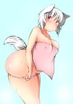  animal_ears ass blush breasts covered_nipples eyebrows fat from_side frown highres huge_ass inubashiri_momiji large_breasts looking_at_viewer navel no_hat no_headwear panties panty_pull pulled_by_self shishi_juuroku short_hair shy solo tail thick_eyebrows thick_thighs thighs touhou towel underwear undressing white_background white_hair white_panties wolf_ears wolf_tail 