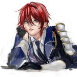  1boy aqua_eyes armor black_gloves child collared_shirt gloves half_gloves head_rest jacket japanese_armor looking_at_viewer male_focus military_uniform necktie parted_lips personification red_hair shinano_toushirou simple_background sketch smile solo touken_ranbu vambraces white_background yamakawa_umi 