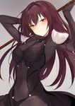  armor arms_up blush bodysuit breasts closed_mouth covered_navel covered_nipples fate/grand_order fate_(series) grey_background head_tilt holding holding_staff long_hair looking_at_viewer lpip medium_breasts purple_eyes red_eyes scathach_(fate)_(all) scathach_(fate/grand_order) shoulder_pads simple_background sitting skin_tight smile solo staff 