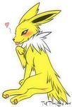  &lt;3 2016 blush butt canine eeveelution female feral fur jolteon looking_at_viewer mammal neck_tuft nintendo pok&eacute;mon presenting simple_background solo tongue tongue_out tre_pinkney tuft video_games white_background yellow_fur 