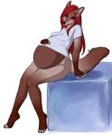  4_toes 5_fingers anthro black_nose blue_eyes bottomless bourbon._(artist) canine clothed clothing female fox hair looking_at_viewer mammal pregnant red_hair simple_background sitting toes white_background 