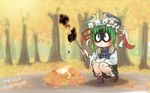  artist_name asymmetrical_hair autumn autumn_leaves black_footwear black_skirt blouse blue_eyes blush_stickers burnt chamaji commentary_request dated failure fire food green_hair hat hat_ribbon long_sleeves mary_janes ribbon ribbon_trim shaded_face shiki_eiki shoes skirt solo squatting sweet_potato touhou tree vest yakiimo 