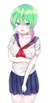  absurdres artist_request blue_eyes blush breasts green_hair highres lipstick_mark medium_breasts multicolored_hair open_mouth school_uniform solo uniform wet wet_clothes 