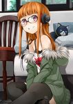  animal cat chair fur_trim glasses headphones highres jacket long_hair morgana_(persona_5) nemu_(nebusokugimi) orange_hair persona persona_5 sakura_futaba 