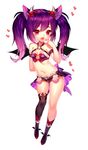  animal_ears asymmetrical_legwear black_joa breasts chibi cleavage demon_girl demon_wings hair_ornament heart highres horns long_hair mabinogi navel purple_hair simple_background small_breasts solo succubus thighhighs twintails white_background wings 