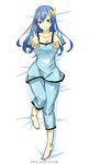  barefoot blue_eyes blue_hair blush breasts butterfly_hair_ornament cleavage fairy_tail hair_ornament highres ji_yue juvia_lockser large_breasts long_hair lying on_back outstretched_arms pajamas smile solo 