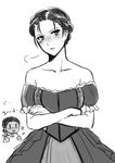  1girl asada_ryou assassin's_creed:_syndicate assassin's_creed_(series) bare_shoulders blush chibi chibi_inset collarbone dress evie_frye freckles greyscale henry_green monochrome short_hair sparkle 