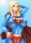  blonde_hair breasts cape dc_comics green_eyes impossible_clothes large_breasts lens_flare looking_at_viewer navel ogura_anko skin_tight solo supergirl 