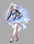  blue_eyes breasts cleavage_cutout commentary dress earrings ein_lee flower full_body grey_background hair_ornament high_heels holding holding_sword holding_weapon jewelry left-handed legs lily_(flower) long_hair long_sleeves myrtenaster official_art parted_lips rapier rwby small_breasts solo standing sword textless very_long_hair weapon weiss_schnee white_hair 