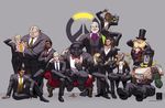  :t \m/ adjusting_clothes adjusting_necktie alcohol alternate_hairstyle animal animal_on_shoulder banana bastion_(overwatch) beard bespectacled bird bird_on_shoulder black-framed_eyewear boombox bow bowtie braided_beard champagne champagne_flute cigar couch cravat crossed_legs cup cyborg dark_skin dark_skinned_male dress_shirt drinking_glass eating ein_lee eyebrows facial_hair floating food formal fruit ganymede_(overwatch) genji_(overwatch) glasses gorilla grey_background hair_slicked_back hanzo_(overwatch) hat junkrat_(overwatch) lotus_position lucio_(overwatch) male_focus mccree_(overwatch) mechanical_arm monocle multiple_boys necktie no_mask omnic opaque_glasses overwatch reaper_(overwatch) reinhardt_(overwatch) roadhog_(overwatch) robot round_eyewear scar scar_across_eye shirt sitting sitting_on_shoulder smoking soldier:_76_(overwatch) suit tattoo thick_eyebrows top_hat torbjorn_(overwatch) very_dark_skin waistcoat white_hair winston_(overwatch) younger zenyatta_(overwatch) 