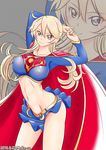  2016 breasts cape cosplay dated dc_comics iowa_(kantai_collection) kantai_collection large_breasts looking_at_viewer midriff mokerou navel skirt star star-shaped_pupils supergirl supergirl_(cosplay) symbol-shaped_pupils zoom_layer 