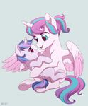  akeahi blue_eyes duo equine feathered_wings feathers flurry_heart_(mlp) friendship_is_magic fur horn mammal my_little_pony pink_eyes pink_feathers pink_fur simple_background smile winged_unicorn wings young 
